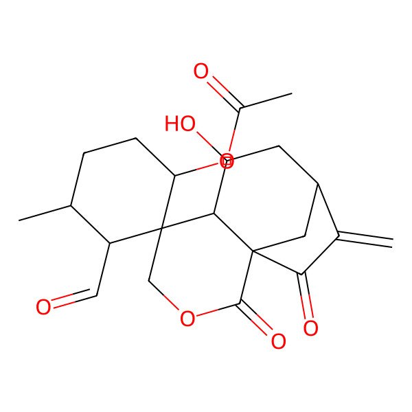 2D Structure of (3'-Formyl-7-hydroxy-4'-methyl-10-methylidene-2,11-dioxospiro[3-oxatricyclo[7.2.1.01,6]dodecane-5,2'-cyclohexane]-1'-yl) acetate