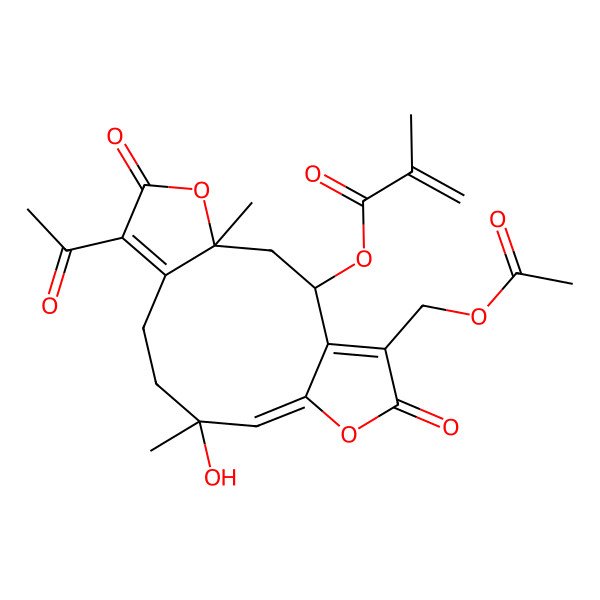 2D Structure of [(2S,4R,11R,12E)-7-acetyl-16-(acetyloxymethyl)-11-hydroxy-4,11-dimethyl-6,15-dioxo-5,14-dioxatricyclo[11.3.0.04,8]hexadeca-1(16),7,12-trien-2-yl] 2-methylprop-2-enoate