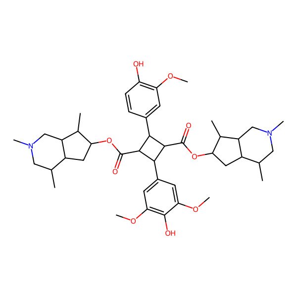 2D Structure of trans-bis[(4R,4aS,6R,7S,7aR)-2,4,7-trimethyl-1,3,4,4a,5,6,7,7a-octahydrocyclopenta[c]pyridin-6-yl] (1R,3R)-2-(4-hydroxy-3,5-dimethoxyphenyl)-4-(4-hydroxy-3-methoxyphenyl)cyclobutane-1,3-dicarboxylate