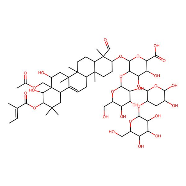 2D Structure of (2S,3S,4S,5R,6R)-6-[[(3S,4S,4aR,6aR,6bS,8R,8aR,9R,10R,12aS,14aR,14bR)-8a-(acetyloxymethyl)-4-formyl-8,9-dihydroxy-4,6a,6b,11,11,14b-hexamethyl-10-[(E)-2-methylbut-2-enoyl]oxy-1,2,3,4a,5,6,7,8,9,10,12,12a,14,14a-tetradecahydropicen-3-yl]oxy]-4-[(2R,3R,5R,6S)-5,6-dihydroxy-3-[(2S,3R,4S,5S,6R)-3,4,5-trihydroxy-6-(hydroxymethyl)oxan-2-yl]oxyoxan-2-yl]oxy-3-hydroxy-5-[(2S,3R,4S,5R,6R)-3,4,5-trihydroxy-6-(hydroxymethyl)oxan-2-yl]oxyoxane-2-carboxylic acid