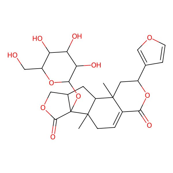 2D Structure of 4-(Furan-3-yl)-2,10-dimethyl-11-[3,4,5-trihydroxy-6-(hydroxymethyl)oxan-2-yl]oxy-5,13-dioxatetracyclo[8.6.0.02,7.011,15]hexadec-7-ene-6,12-dione