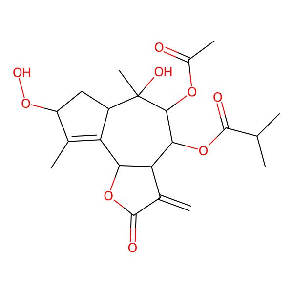 2D Structure of [(3aS,4R,5R,6S,6aR,8R,9bS)-5-acetyloxy-8-hydroperoxy-6-hydroxy-6,9-dimethyl-3-methylidene-2-oxo-4,5,6a,7,8,9b-hexahydro-3aH-azuleno[4,5-b]furan-4-yl] 2-methylpropanoate