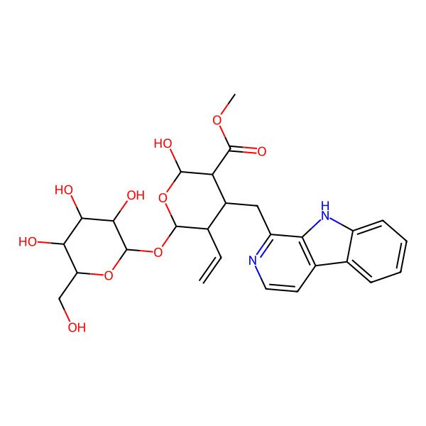 2D Structure of methyl 5-ethenyl-2-hydroxy-4-(9H-pyrido[3,4-b]indol-1-ylmethyl)-6-[3,4,5-trihydroxy-6-(hydroxymethyl)oxan-2-yl]oxyoxane-3-carboxylate