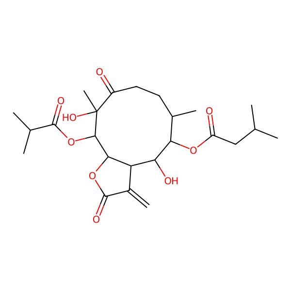 2D Structure of [4,10-Dihydroxy-6,10-dimethyl-3-methylidene-11-(2-methylpropanoyloxy)-2,9-dioxo-3a,4,5,6,7,8,11,11a-octahydrocyclodeca[b]furan-5-yl] 3-methylbutanoate