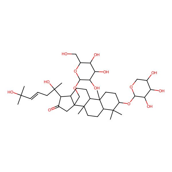 2D Structure of 17-(2,6-Dihydroxy-6-methylhept-4-en-2-yl)-4,4,8,10-tetramethyl-14-[[3,4,5-trihydroxy-6-(hydroxymethyl)oxan-2-yl]oxymethyl]-3-(3,4,5-trihydroxyoxan-2-yl)oxy-1,2,3,5,6,7,9,11,12,13,15,17-dodecahydrocyclopenta[a]phenanthren-16-one