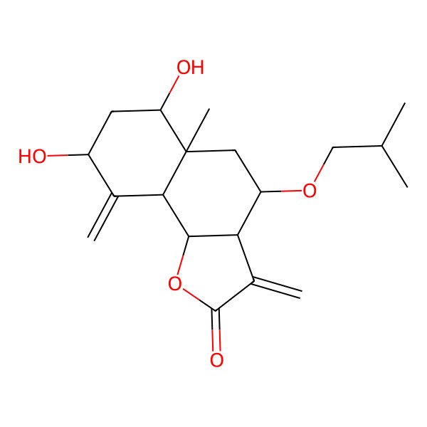 2D Structure of 6,8-Dihydroxy-5a-methyl-3,9-dimethylidene-4-(2-methylpropoxy)-3a,4,5,6,7,8,9a,9b-octahydrobenzo[g][1]benzofuran-2-one