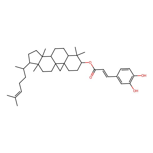 2D Structure of [(1S,3R,6S,8R,11S,12S,15R,16R)-7,7,12,16-tetramethyl-15-[(2R)-6-methylhept-5-en-2-yl]-6-pentacyclo[9.7.0.01,3.03,8.012,16]octadecanyl] (E)-3-(3,4-dihydroxyphenyl)prop-2-enoate