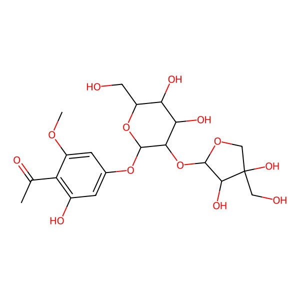 2D Structure of 1-[4-[(2S,3R,4S,5S,6R)-3-[(2S,3R,4R)-3,4-dihydroxy-4-(hydroxymethyl)oxolan-2-yl]oxy-4,5-dihydroxy-6-(hydroxymethyl)oxan-2-yl]oxy-2-hydroxy-6-methoxyphenyl]ethanone