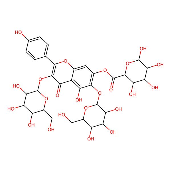 2D Structure of [5-Hydroxy-2-(4-hydroxyphenyl)-4-oxo-3,6-bis[[3,4,5-trihydroxy-6-(hydroxymethyl)oxan-2-yl]oxy]chromen-7-yl] 3,4,5,6-tetrahydroxyoxane-2-carboxylate