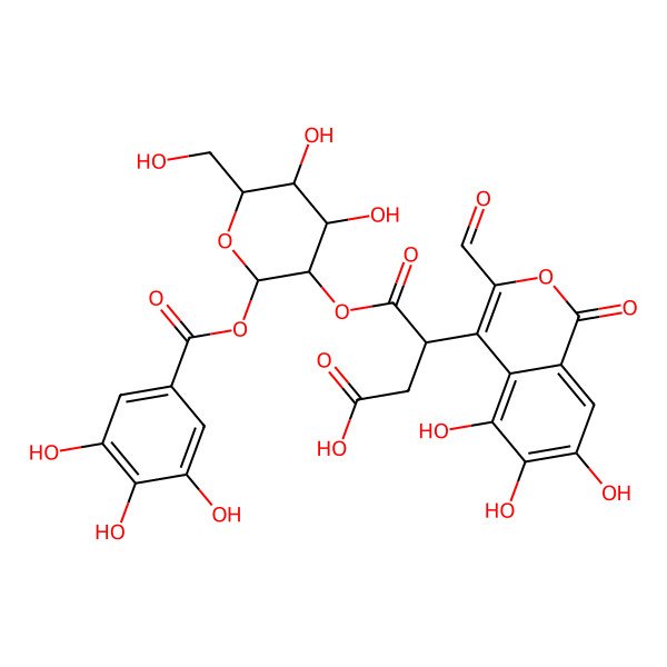 2D Structure of 4-[4,5-Dihydroxy-6-(hydroxymethyl)-2-(3,4,5-trihydroxybenzoyl)oxyoxan-3-yl]oxy-3-(3-formyl-5,6,7-trihydroxy-1-oxoisochromen-4-yl)-4-oxobutanoic acid