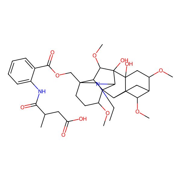 2D Structure of (3R)-4-[2-[[(1S,2R,3R,4S,5R,6S,8R,9S,10S,13S,16S,17R,18S)-11-ethyl-8,9-dihydroxy-4,6,16,18-tetramethoxy-11-azahexacyclo[7.7.2.12,5.01,10.03,8.013,17]nonadecan-13-yl]methoxycarbonyl]anilino]-3-methyl-4-oxobutanoic acid