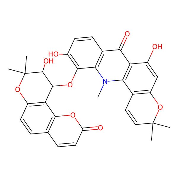 2D Structure of 6,10-dihydroxy-11-[[(9S,10R)-9-hydroxy-8,8-dimethyl-2-oxo-9,10-dihydropyrano[2,3-f]chromen-10-yl]oxy]-3,3,12-trimethylpyrano[2,3-c]acridin-7-one