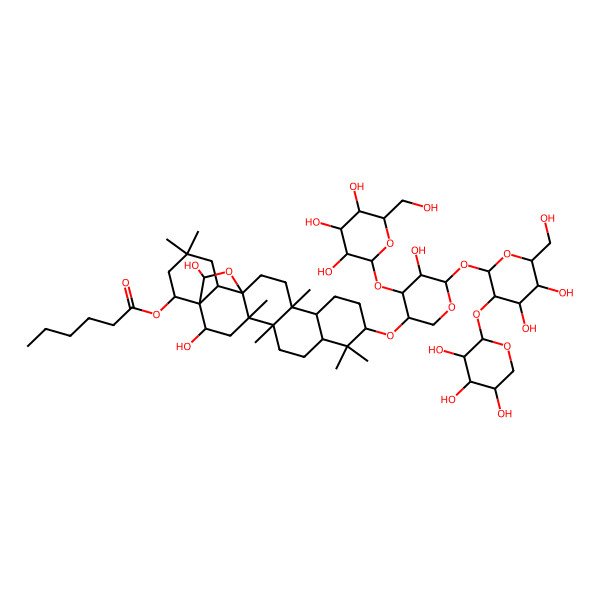 2D Structure of [(1R,2R,4S,5R,8R,10S,13S,14R,17S,18R,22S,23S)-10-[(3R,4S,5R,6R)-6-[(2S,3R,4S,5S,6R)-4,5-dihydroxy-6-(hydroxymethyl)-3-[(2S,3R,4S,5R)-3,4,5-trihydroxyoxan-2-yl]oxyoxan-2-yl]oxy-5-hydroxy-4-[(2S,3R,4S,5S,6R)-3,4,5-trihydroxy-6-(hydroxymethyl)oxan-2-yl]oxyoxan-3-yl]oxy-2,23-dihydroxy-4,5,9,9,14,20,20-heptamethyl-24-oxahexacyclo[15.5.2.01,18.04,17.05,14.08,13]tetracosan-22-yl] hexanoate