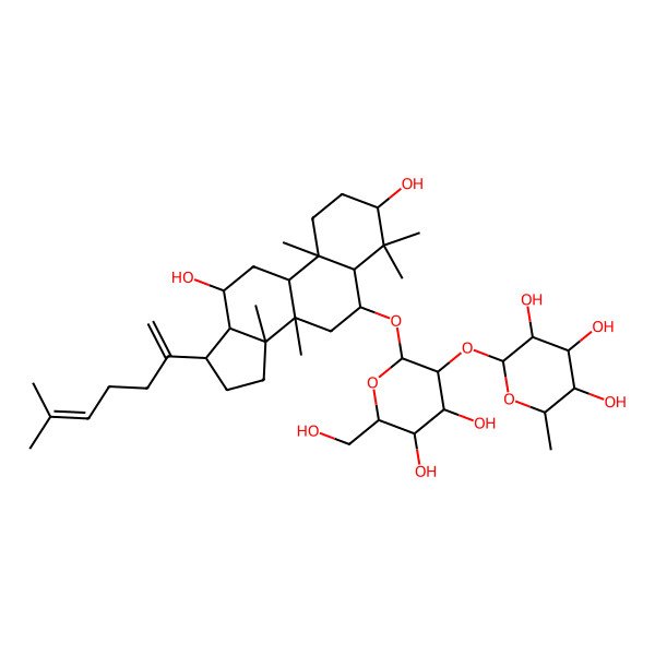 2D Structure of 2-[2-[[3,12-dihydroxy-4,4,8,10,14-pentamethyl-17-(6-methylhepta-1,5-dien-2-yl)-2,3,5,6,7,9,11,12,13,15,16,17-dodecahydro-1H-cyclopenta[a]phenanthren-6-yl]oxy]-4,5-dihydroxy-6-(hydroxymethyl)oxan-3-yl]oxy-6-methyloxane-3,4,5-triol