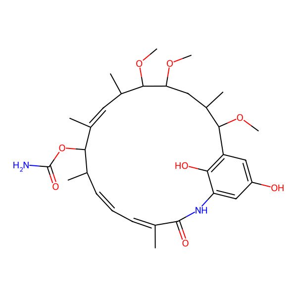 2D Structure of 2-Azabicyclo[16.3.1]docosa-1(22),4,6,10,18,20-hexaen-3-one, 9-[(aminocarbonyl)oxy]-20,22-dihydroxy-13,14,17-trimethoxy-4,8,10,12,16-pentamethyl-