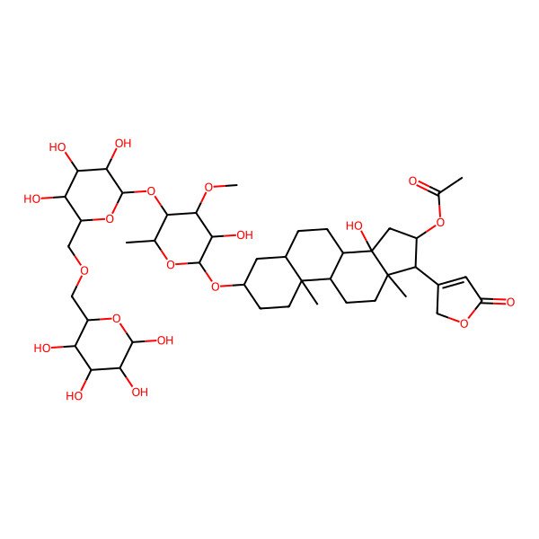 2D Structure of [(3S,5R,8R,9S,10S,13R,14S,16S,17S)-14-hydroxy-3-[(2R,3R,4R,5R,6R)-3-hydroxy-4-methoxy-6-methyl-5-[(2S,3R,4S,5S,6R)-3,4,5-trihydroxy-6-[[(2R,3S,4S,5R,6R)-3,4,5,6-tetrahydroxyoxan-2-yl]methoxymethyl]oxan-2-yl]oxyoxan-2-yl]oxy-10,13-dimethyl-17-(5-oxo-2H-furan-3-yl)-1,2,3,4,5,6,7,8,9,11,12,15,16,17-tetradecahydrocyclopenta[a]phenanthren-16-yl] acetate