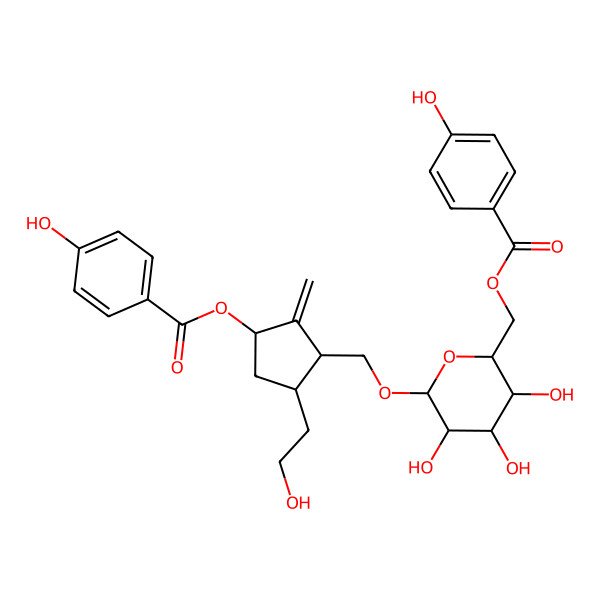 2D Structure of [(2R,3S,4S,5R,6R)-3,4,5-trihydroxy-6-[[(1S,3S,5S)-3-(4-hydroxybenzoyl)oxy-5-(2-hydroxyethyl)-2-methylidenecyclopentyl]methoxy]oxan-2-yl]methyl 4-hydroxybenzoate
