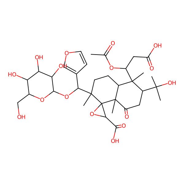 2D Structure of (2'R,3S,4S,4aR,7R,8R,8aR)-8-[(1R)-1-acetyloxy-2-carboxyethyl]-3-[(S)-furan-3-yl-[(2R,3R,4S,5S,6R)-3,4,5-trihydroxy-6-(hydroxymethyl)oxan-2-yl]oxymethyl]-7-(2-hydroxypropan-2-yl)-3,4a,8-trimethyl-5-oxospiro[2,6,7,8a-tetrahydro-1H-naphthalene-4,3'-oxirane]-2'-carboxylic acid