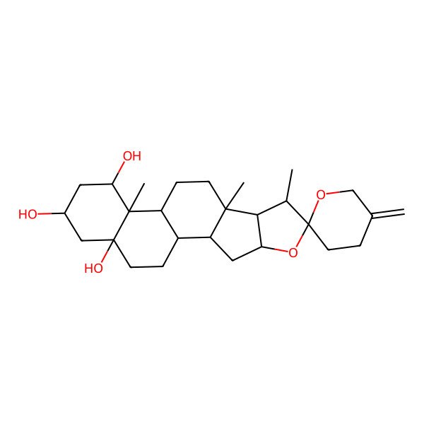 2D Structure of 7,9,13-Trimethyl-5'-methylidenespiro[5-oxapentacyclo[10.8.0.02,9.04,8.013,18]icosane-6,2'-oxane]-14,16,18-triol