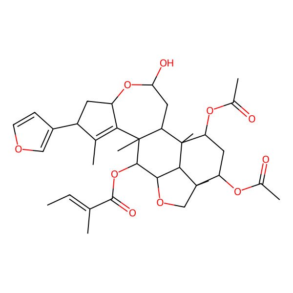 2D Structure of [17,19-Diacetyloxy-8-(furan-3-yl)-4-hydroxy-1,9,11,16-tetramethyl-5,14-dioxapentacyclo[11.6.1.02,11.06,10.016,20]icos-9-en-12-yl] 2-methylbut-2-enoate