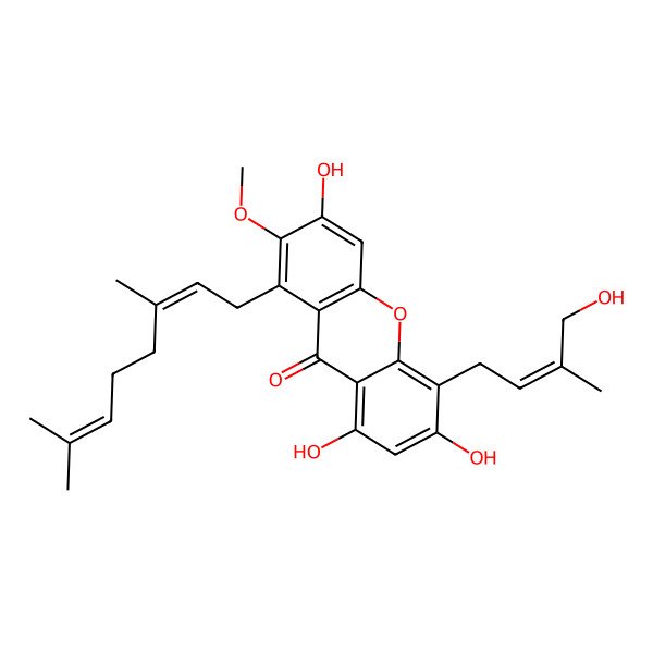 2D Structure of 1-(3,7-Dimethylocta-2,6-dienyl)-3,6,8-trihydroxy-5-(4-hydroxy-3-methylbut-2-enyl)-2-methoxyxanthen-9-one