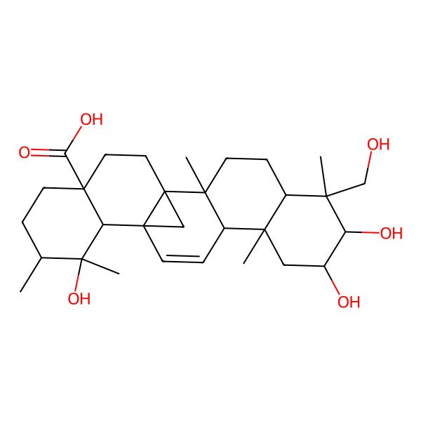 2D Structure of (1R,2R,5R,6R,7S,8R,10S,11R,14S,15S,16R,17R,20S)-7,8,16-trihydroxy-6-(hydroxymethyl)-2,6,10,16,17-pentamethylhexacyclo[12.8.1.01,14.02,11.05,10.015,20]tricos-12-ene-20-carboxylic acid
