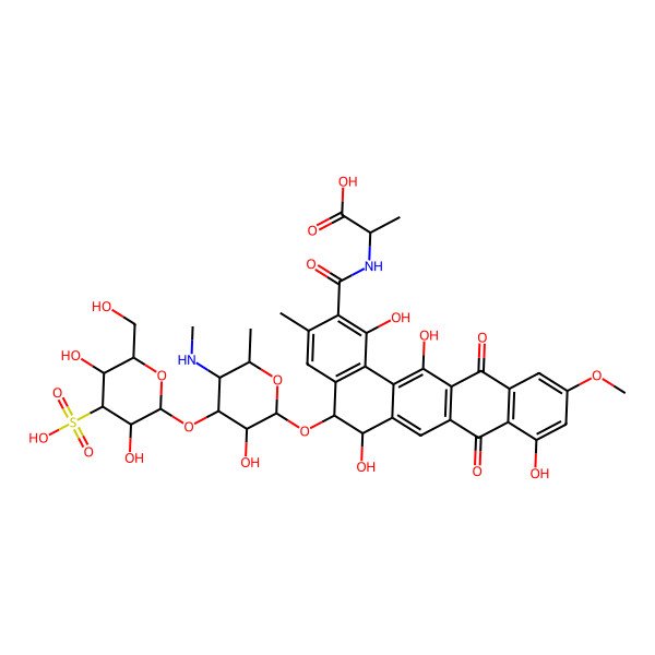 2D Structure of (2R)-2-[[(5S,6S)-5-[(2S,3R,4S,5S,6R)-4-[(2R,3S,4S,5R,6R)-3,5-dihydroxy-6-(hydroxymethyl)-4-sulfo-tetrahydropyran-2-yl]oxy-3-hydroxy-6-methyl-5-(methylamino)tetrahydropyran-2-yl]oxy-1,6,9,14-tetrahydroxy-11-methoxy-3-methyl-8,13-dioxo-5,6-dihydrobenzo[a]tetracene-2-carbonyl]amino]propanoic acid