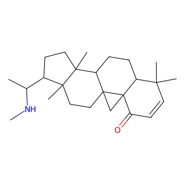 2D Structure of (1S,3S,8S,11R,12S,15S,16R)-7,7,12,16-tetramethyl-15-[(1R)-1-(methylamino)ethyl]pentacyclo[9.7.0.01,3.03,8.012,16]octadec-5-en-4-one