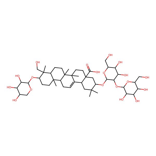 2D Structure of (3S,4aR,6aR,6aS,6bR,8aR,9R,10S,12aR,14bS)-3-[(2R,3R,4S,5S,6R)-4,5-dihydroxy-6-(hydroxymethyl)-3-[(2S,3R,4S,5S,6R)-3,4,5-trihydroxy-6-(hydroxymethyl)oxan-2-yl]oxyoxan-2-yl]oxy-9-(hydroxymethyl)-2,2,6a,6b,9,12a-hexamethyl-10-[(2S,3R,4S,5R)-3,4,5-trihydroxyoxan-2-yl]oxy-1,3,4,5,6,6a,7,8,8a,10,11,12,13,14b-tetradecahydropicene-4a-carboxylic acid