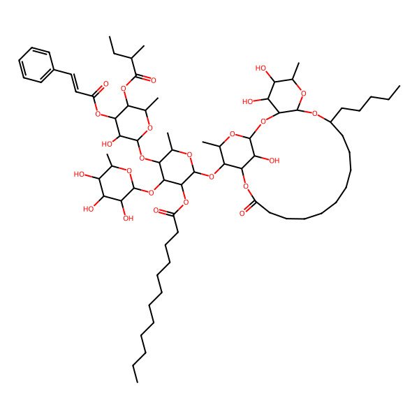 2D Structure of [5-[3-Hydroxy-6-methyl-5-(2-methylbutanoyloxy)-4-(3-phenylprop-2-enoyloxy)oxan-2-yl]oxy-6-methyl-2-[(4,5,26-trihydroxy-6,24-dimethyl-20-oxo-10-pentyl-2,7,9,21,25-pentaoxatricyclo[20.3.1.03,8]hexacosan-23-yl)oxy]-4-(3,4,5-trihydroxy-6-methyloxan-2-yl)oxyoxan-3-yl] dodecanoate