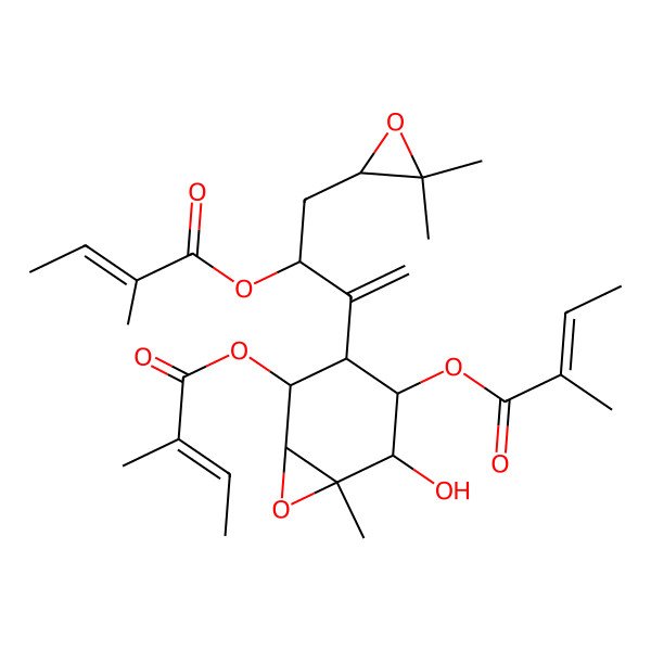 2D Structure of [4-[4-(3,3-Dimethyloxiran-2-yl)-3-(2-methylbut-2-enoyloxy)but-1-en-2-yl]-2-hydroxy-1-methyl-5-(2-methylbut-2-enoyloxy)-7-oxabicyclo[4.1.0]heptan-3-yl] 2-methylbut-2-enoate