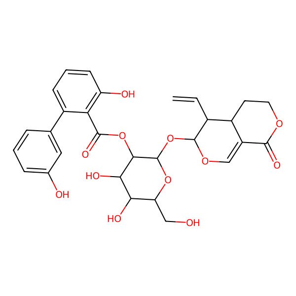 2D Structure of [(2S,3R,4S,5S,6R)-2-[[(3S,4R,4aS)-4-ethenyl-8-oxo-4,4a,5,6-tetrahydro-3H-pyrano[3,4-c]pyran-3-yl]oxy]-4,5-dihydroxy-6-(hydroxymethyl)oxan-3-yl] 2-hydroxy-6-(3-hydroxyphenyl)benzoate