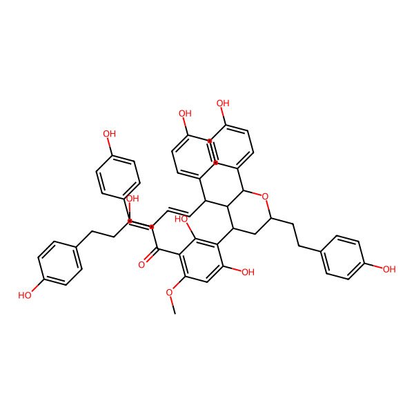 2D Structure of 1-[2,4-Dihydroxy-3-[3-[5-hydroxy-1,7-bis(4-hydroxyphenyl)hept-2-enyl]-2-(4-hydroxyphenyl)-6-[2-(4-hydroxyphenyl)ethyl]oxan-4-yl]-6-methoxyphenyl]-3-(4-hydroxyphenyl)prop-2-en-1-one
