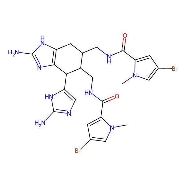 2D Structure of N-[[2-amino-7-(2-amino-1H-imidazol-5-yl)-6-[[(4-bromo-1-methylpyrrole-2-carbonyl)amino]methyl]-4,5,6,7-tetrahydro-3H-benzimidazol-5-yl]methyl]-4-bromo-1-methylpyrrole-2-carboxamide