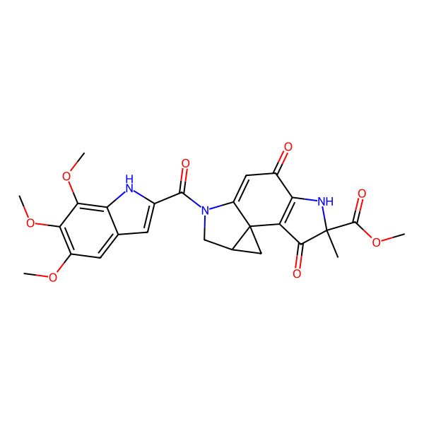 2D Structure of methyl 4-methyl-3,7-dioxo-10-(5,6,7-trimethoxy-1H-indole-2-carbonyl)-5,10-diazatetracyclo[7.4.0.01,12.02,6]trideca-2(6),8-diene-4-carboxylate