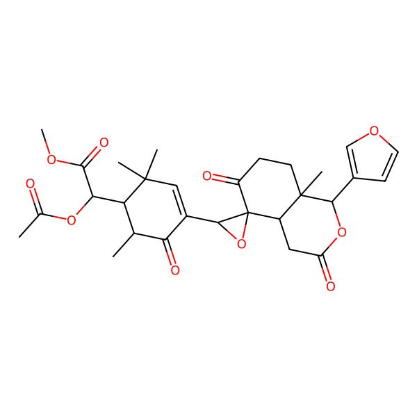 2D Structure of methyl 2-acetyloxy-2-[4-[1-(furan-3-yl)-8a-methyl-3,6-dioxospiro[4,4a,7,8-tetrahydro-1H-isochromene-5,3'-oxirane]-2'-yl]-2,2,6-trimethyl-5-oxocyclohex-3-en-1-yl]acetate
