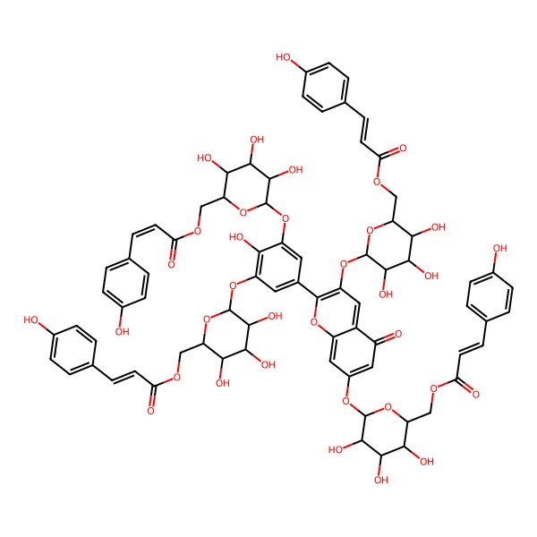 2D Structure of [(2R,3S,4S,5R,6S)-3,4,5-trihydroxy-6-[2-[4-hydroxy-5-[(2S,3S,4R,5S,6R)-3,4,5-trihydroxy-6-[3-(4-hydroxyphenyl)prop-2-enoyloxymethyl]oxan-2-yl]oxy-3-[(2S,3R,4R,5S,6R)-3,4,5-trihydroxy-6-[3-(4-hydroxyphenyl)prop-2-enoyloxymethyl]oxan-2-yl]oxyphenyl]-5-oxo-3-[(2S,3R,4R,5S,6R)-3,4,5-trihydroxy-6-[3-(4-hydroxyphenyl)prop-2-enoyloxymethyl]oxan-2-yl]oxychromen-7-yl]oxyoxan-2-yl]methyl 3-(4-hydroxyphenyl)prop-2-enoate