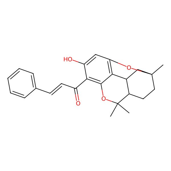 2D Structure of (E)-1-(9-hydroxy-1,5,5-trimethyl-6,15-dioxatetracyclo[9.3.1.04,13.07,12]pentadeca-7,9,11-trien-8-yl)-3-phenylprop-2-en-1-one