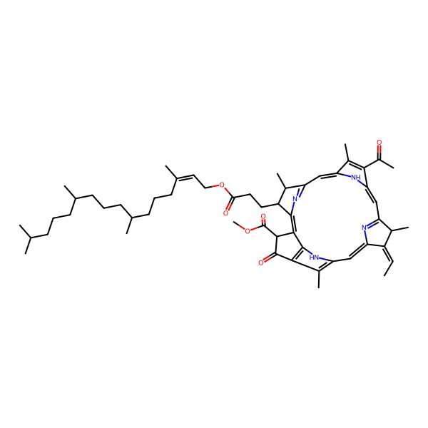 2D Structure of Methyl (3R,11Z,12R,21S,22S)-16-acetyl-11-ethylidene-12,17,21,26-tetramethyl-4-oxo-22-[3-oxo-3-[(E,7R,11R)-3,7,11,15-tetramethylhexadec-2-enoxy]propyl]-7,23,24,25-tetrazahexacyclo[18.2.1.15,8.110,13.115,18.02,6]hexacosa-1,5,8(26),9,13(25),14,16,18,20(23)-nonaene-3-carboxylate