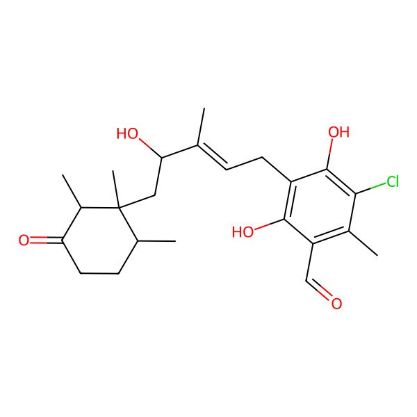 2D Structure of 5-chloro-2,4-dihydroxy-3-[(E,4S)-4-hydroxy-3-methyl-5-[(1S,2R,6R)-1,2,6-trimethyl-3-oxocyclohexyl]pent-2-enyl]-6-methylbenzaldehyde