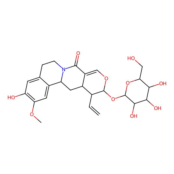 2D Structure of 16-Ethenyl-5-hydroxy-4-methoxy-15-[3,4,5-trihydroxy-6-(hydroxymethyl)oxan-2-yl]oxy-14-oxa-10-azatetracyclo[8.8.0.02,7.012,17]octadeca-2,4,6,12-tetraen-11-one