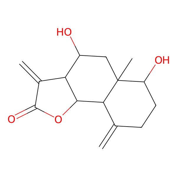 2D Structure of (3aR,4R,5aR,6R,9aS,9bR)-4,6-dihydroxy-5a-methyl-3,9-dimethylidene-3a,4,5,6,7,8,9a,9b-octahydrobenzo[g][1]benzofuran-2-one