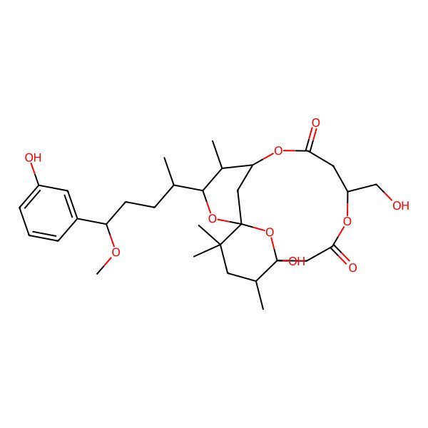 2D Structure of (1S,3S,4S,5R,9R,13R,14S)-13-hydroxy-9-(hydroxymethyl)-3-[(2S,5S)-5-(3-hydroxyphenyl)-5-methoxypentan-2-yl]-4,14,16,16-tetramethyl-2,6,10,17-tetraoxatricyclo[11.3.1.11,5]octadecane-7,11-dione