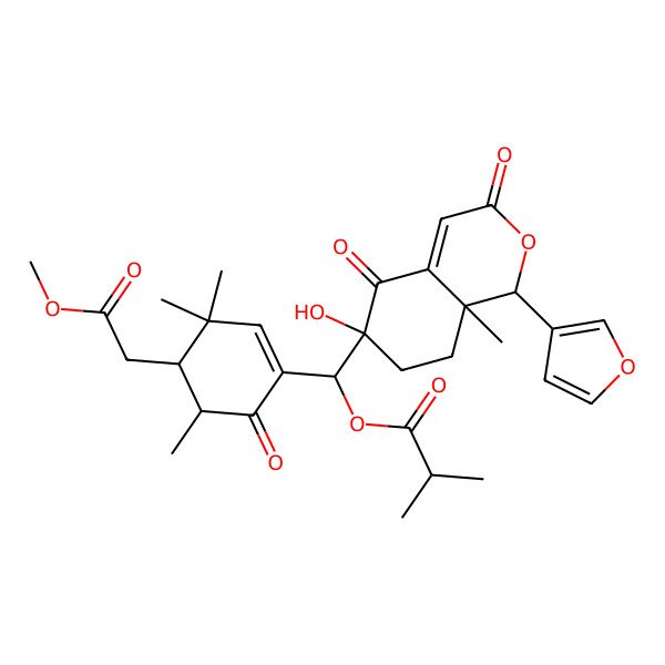 2D Structure of [[1-(furan-3-yl)-6-hydroxy-8a-methyl-3,5-dioxo-7,8-dihydro-1H-isochromen-6-yl]-[4-(2-methoxy-2-oxoethyl)-3,3,5-trimethyl-6-oxocyclohexen-1-yl]methyl] 2-methylpropanoate