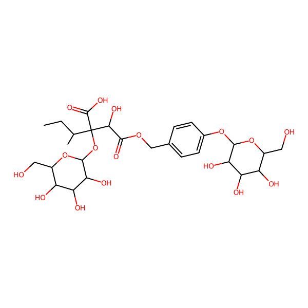 2D Structure of 2-[1-Hydroxy-2-oxo-2-[[4-[3,4,5-trihydroxy-6-(hydroxymethyl)oxan-2-yl]oxyphenyl]methoxy]ethyl]-3-methyl-2-[3,4,5-trihydroxy-6-(hydroxymethyl)oxan-2-yl]oxypentanoic acid
