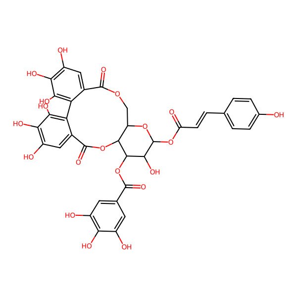 2D Structure of [3,4,5,12,21,22,23-Heptahydroxy-13-[3-(4-hydroxyphenyl)prop-2-enoyloxy]-8,18-dioxo-9,14,17-trioxatetracyclo[17.4.0.02,7.010,15]tricosa-1(23),2,4,6,19,21-hexaen-11-yl] 3,4,5-trihydroxybenzoate