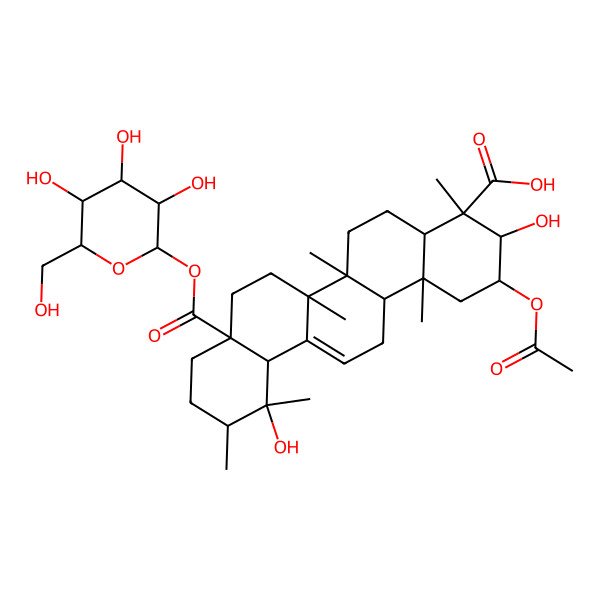 2D Structure of 2-Acetyloxy-3,12-dihydroxy-4,6a,6b,11,12,14b-hexamethyl-8a-[3,4,5-trihydroxy-6-(hydroxymethyl)oxan-2-yl]oxycarbonyl-1,2,3,4a,5,6,7,8,9,10,11,12a,14,14a-tetradecahydropicene-4-carboxylic acid