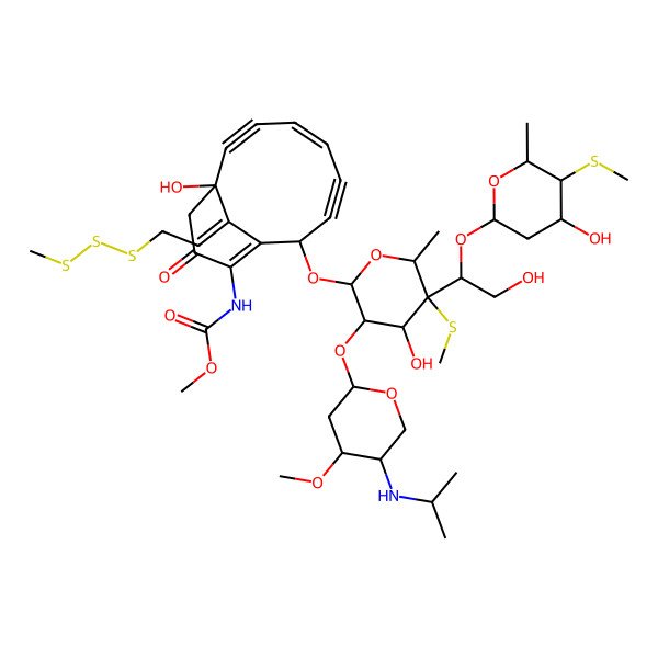 2D Structure of methyl N-[(1R,4Z,8S,13E)-1-hydroxy-8-[(2R,3R,4R,5R,6R)-4-hydroxy-5-[(1S)-2-hydroxy-1-[(2S,4S,5S,6R)-4-hydroxy-6-methyl-5-methylsulfanyloxan-2-yl]oxyethyl]-3-[(2S,4S,5R)-4-methoxy-5-(propan-2-ylamino)oxan-2-yl]oxy-6-methyl-5-methylsulfanyloxan-2-yl]oxy-13-[2-(methyltrisulfanyl)ethylidene]-11-oxo-10-bicyclo[7.3.1]trideca-4,9-dien-2,6-diynyl]carbamate