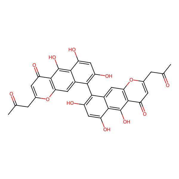 2D Structure of 5,6,8-trihydroxy-2-(2-oxopropyl)-9-[5,6,8-trihydroxy-4-oxo-2-(2-oxopropyl)benzo[g]chromen-9-yl]benzo[g]chromen-4-one