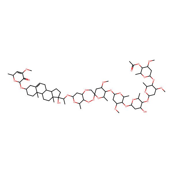 2D Structure of [(2R,3R,4S,6S)-6-[(2R,3R,4S,6S)-6-[(2R,3S,4R,6S)-6-[(2R,3R,4S,6S)-6-[(2'R,3S,3'R,4'R,5aR,7S,9R,9aR)-7-[(1S)-1-[(3S,8R,9S,10R,13S,14S,17R)-17-hydroxy-3-[[(2R,6S)-4-methoxy-2-methyl-5-oxo-2H-pyran-6-yl]oxy]-10,13-dimethyl-1,2,3,4,7,8,9,11,12,14,15,16-dodecahydrocyclopenta[a]phenanthren-17-yl]ethoxy]-4'-methoxy-2',9-dimethylspiro[4,5a,6,7,9,9a-hexahydropyrano[3,4-c][1,2,5]trioxepine-3,6'-oxane]-3'-yl]oxy-4-methoxy-2-methyloxan-3-yl]oxy-4-hydroxy-2-methyloxan-3-yl]oxy-4-methoxy-2-methyloxan-3-yl]oxy-4-methoxy-2-methyloxan-3-yl] acetate